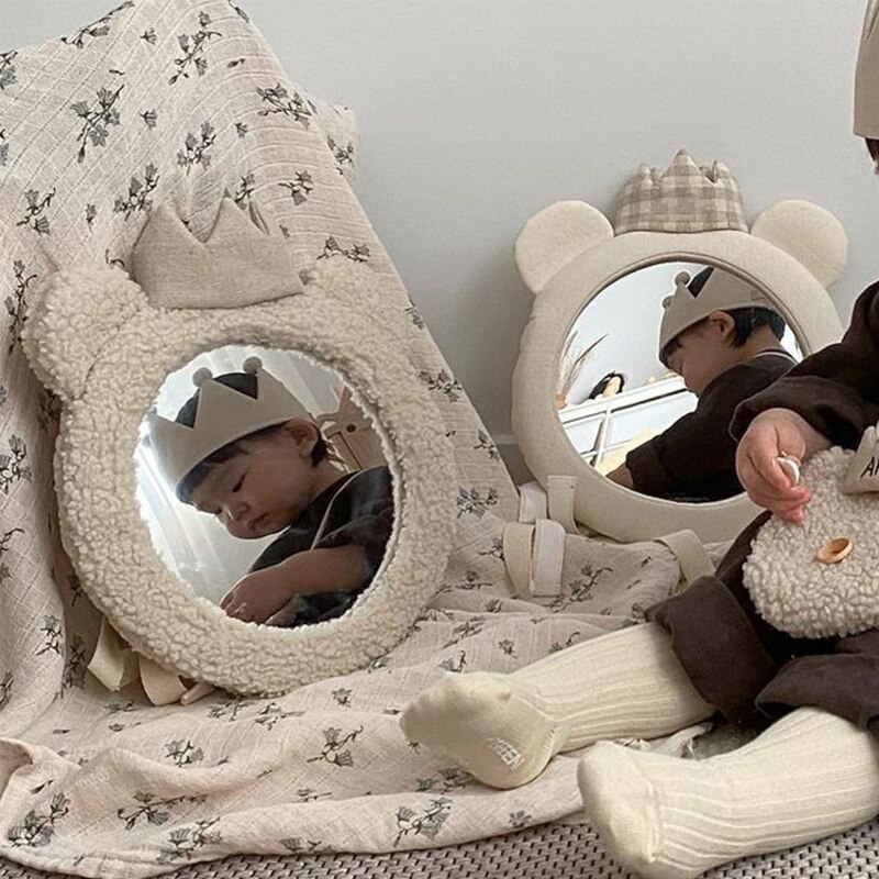 Cartoon Baby Mirror Bear Crown Car Back for Seat Mirror Desktop Decor Supplies for Home Kids Bedroom Nursery Decoration
